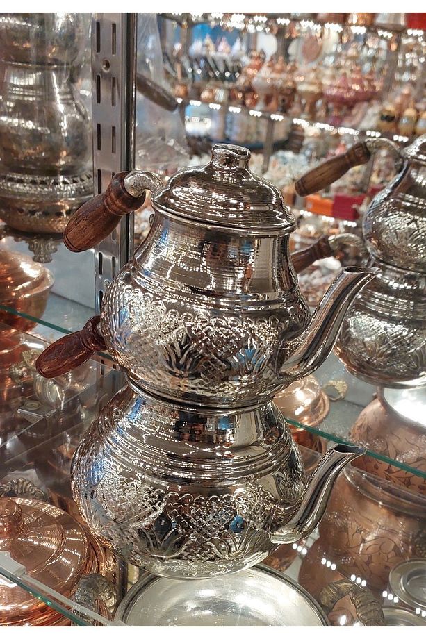 Bakır Çaydanlık & Bakır Demlik Çiçek Desenli Bakır Çaydanlık Büyük Boy Aile Boy - 3