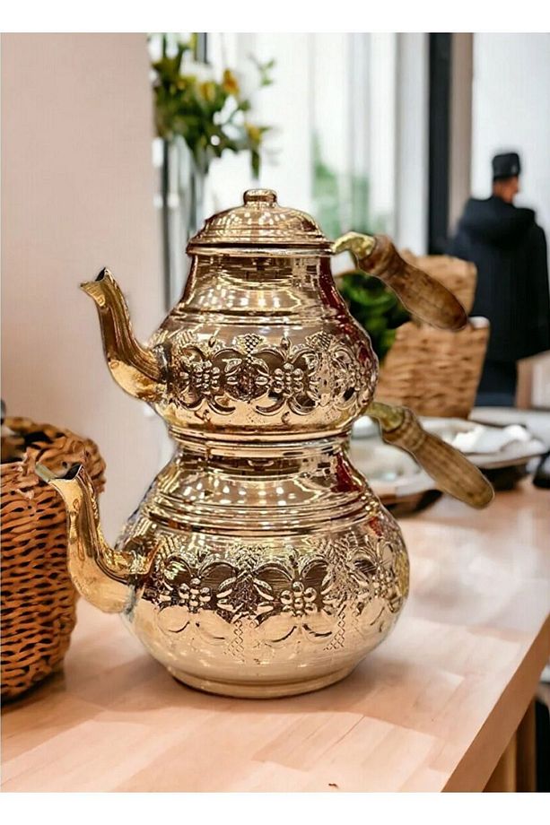 Bakır Çiçekli Büyük Çaydanlık - 1