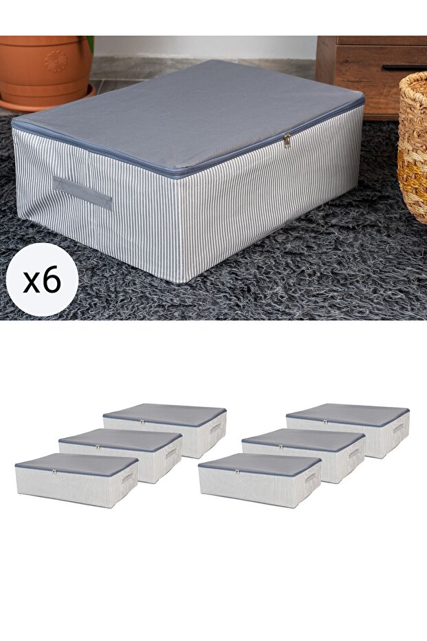 6-piece mega size anthracite striped under-bed storage box set, 75x40x20 cm