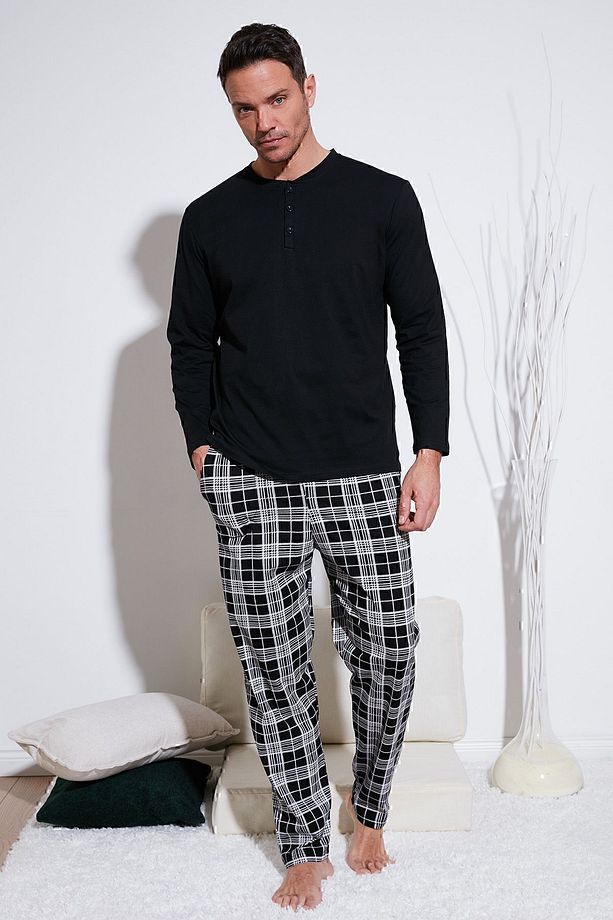 Ekoseli Pamuklu Beli Lastikli Regular Fit Uzun Kollu Pijama Takımı Erkek PİJAMA TAKIMI 65720 - 1