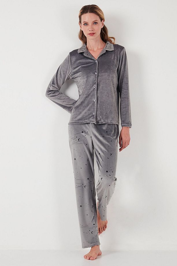 Regular Fit Desenli Parlak Kadife Pijama Takımı  PİJAMA TAKIMI 65713311 - 3