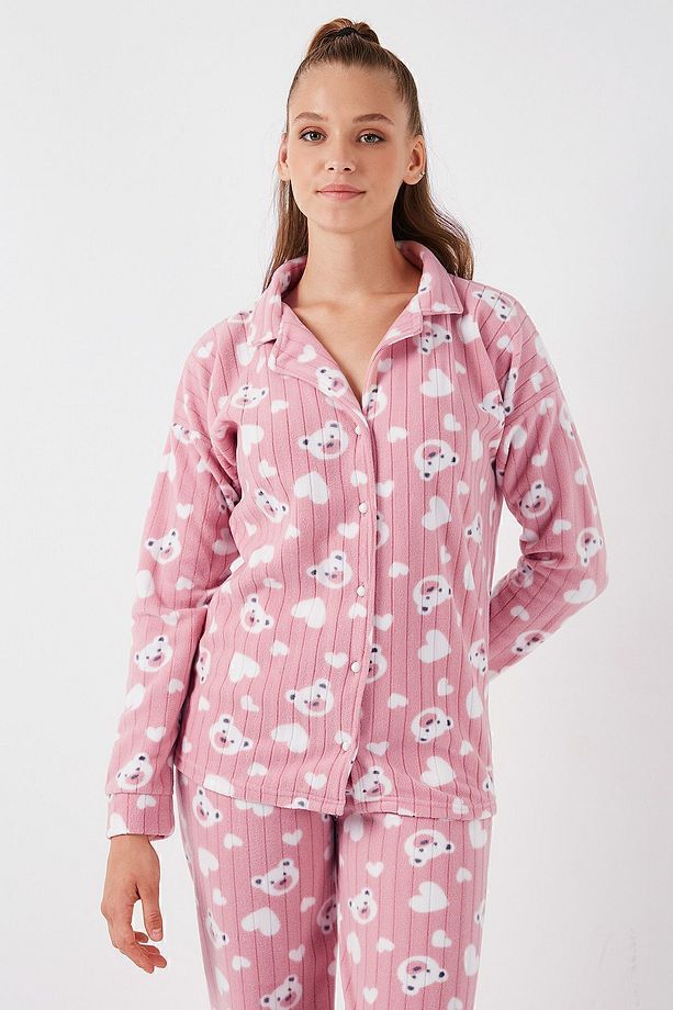 Standart Fit Düğmeli Polarlı Pijama Takımı  PİJAMA TAKIMI 6095617 - 5