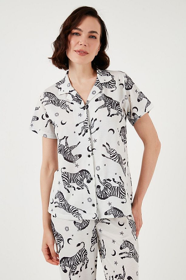 Desenli Kısa Kollu Beli Lastikli Gömlek Yaka Dokuma Regular Fit Pijama Takımı Pijama Takı - 4