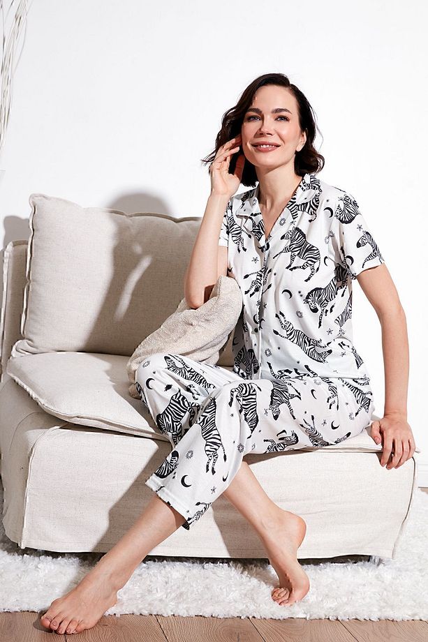 Desenli Kısa Kollu Beli Lastikli Gömlek Yaka Dokuma Regular Fit Pijama Takımı Pijama Takı - 1