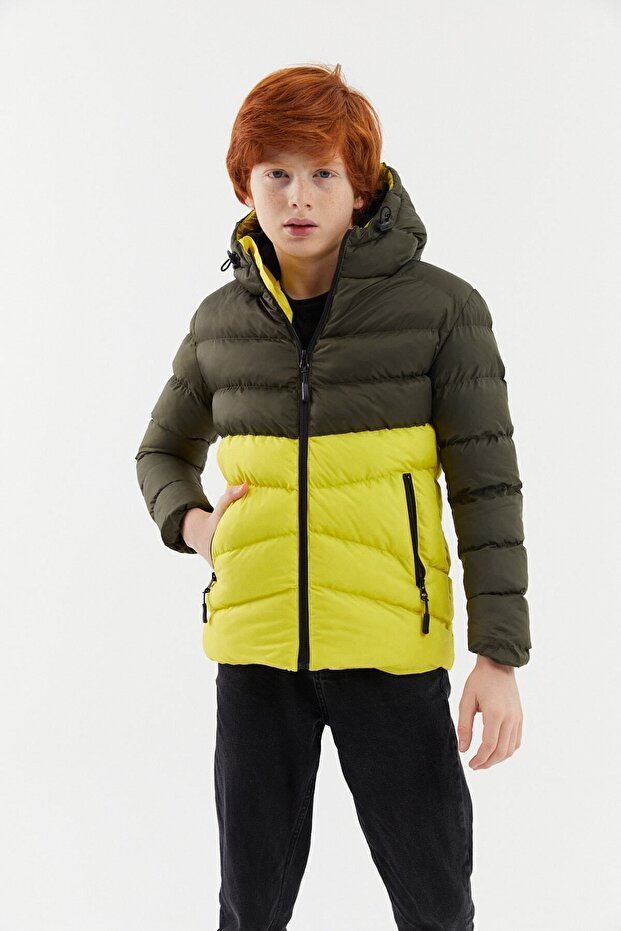 Boy's Water and Windproof Fiber Khaki-Yellow Hooded Jacket