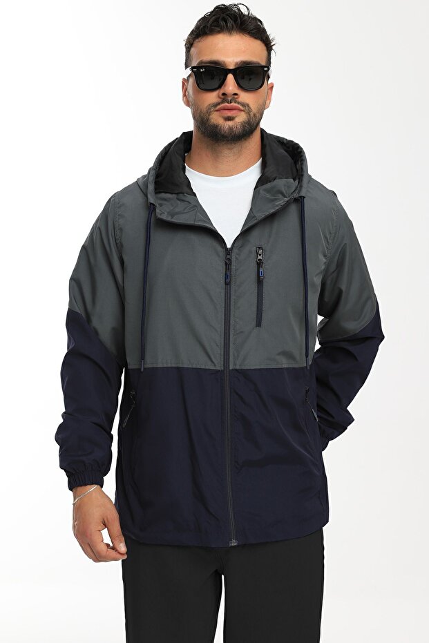 Men's Anthracite- Navy Blue Two Color Lined Hooded Pocket Raincoat-Windbreaker