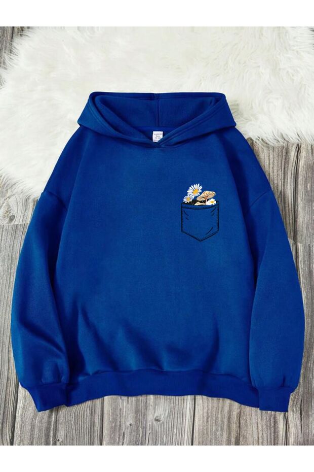 Pocket Floral Printed Hooded Sweatshirt Oversize Wide Fit