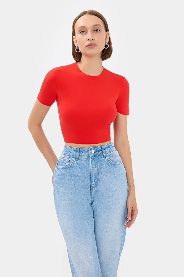 Bisiklet Yaka Basic Crop Top - 1