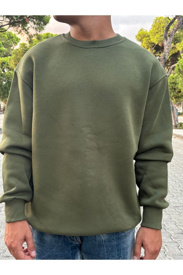 Haki Yeşil Düz Basic Oversize Sweatshirt - 3