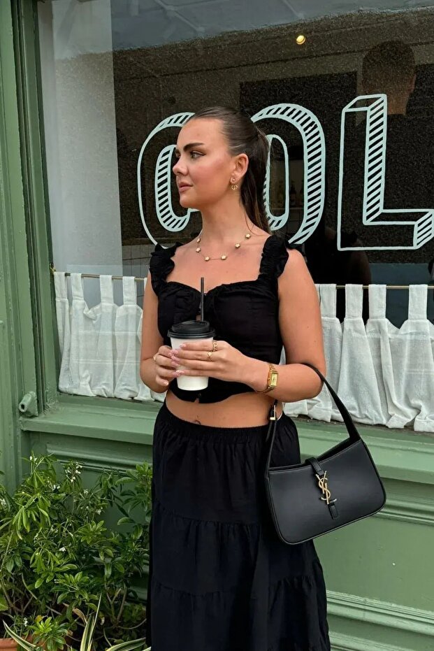 Kalp Yaka Pamuklu Fırfırlı Crop Top - 1