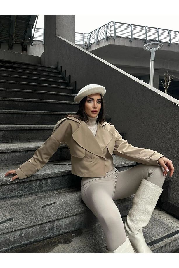 Trenc Kumaş Astarlı Crop Vizon Ceket - 2