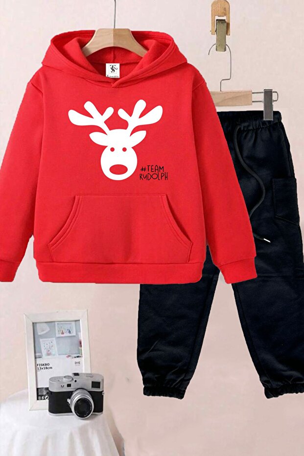 Deer Printed Hooded Fleece Inside Unisex Red Children's Tracksuit Set