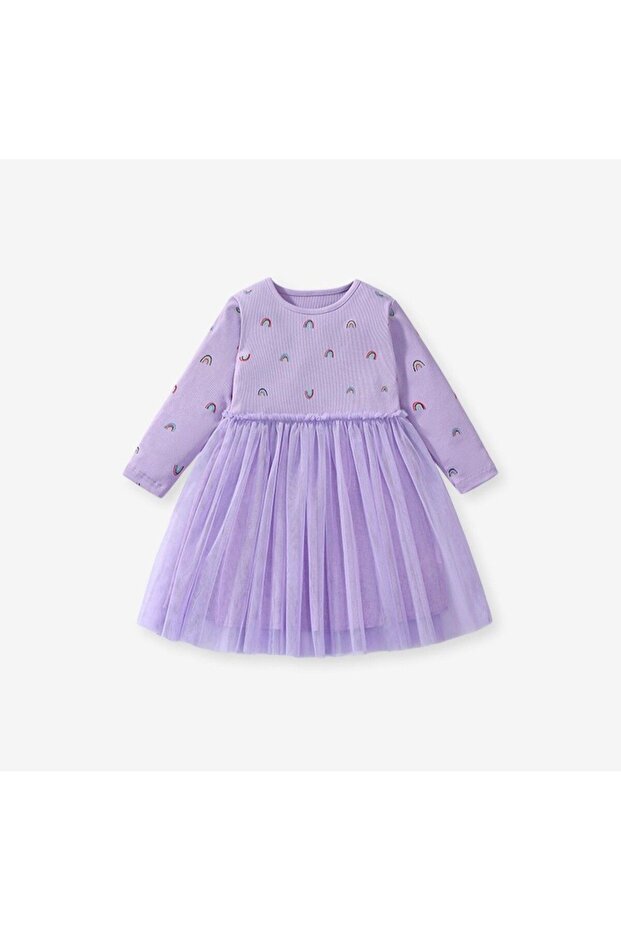 Purple Tulle Rainbow Patterned Comfortable Girl's Dress