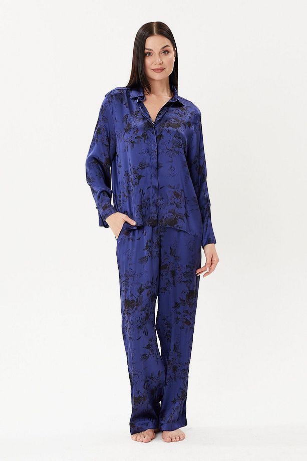 Desenli %100 Saf Ipek Gömlek ve Pijama Takımı - 1