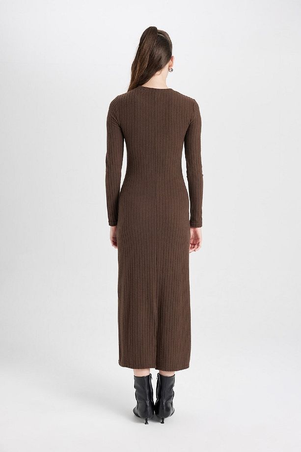Bodycon Vücudu Saran Bisiklet Yaka Basic Düz Kaşkorse Uzun Kollu Maxi Elbise D3373ax24wn - 5