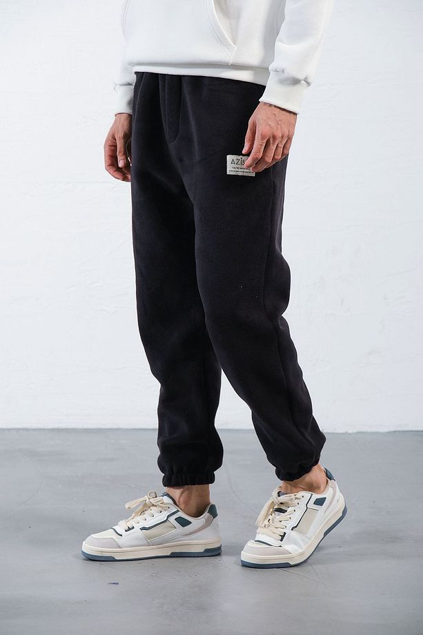 Erkek Siyah Polar Kumaş Oversize Eşofman Altı - 5