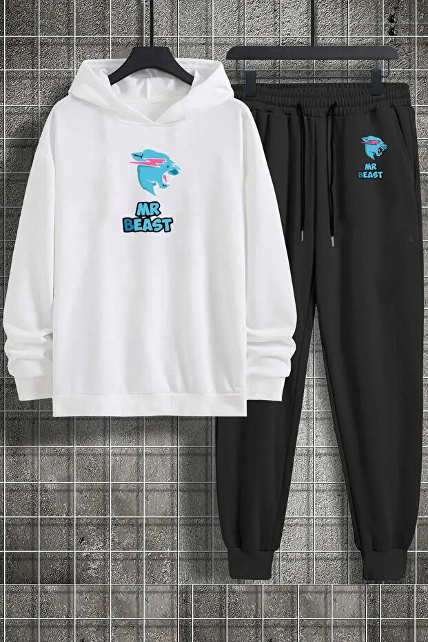 Mrbeast Oversize Hooded White Sweatshirt and Black Tracksuit Set - Front Printed