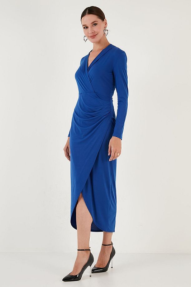 Kruvaze Yaka Yırtmaçlı Drape Detaylı Midi Elbise ELBİSE 611EL1769 - 4