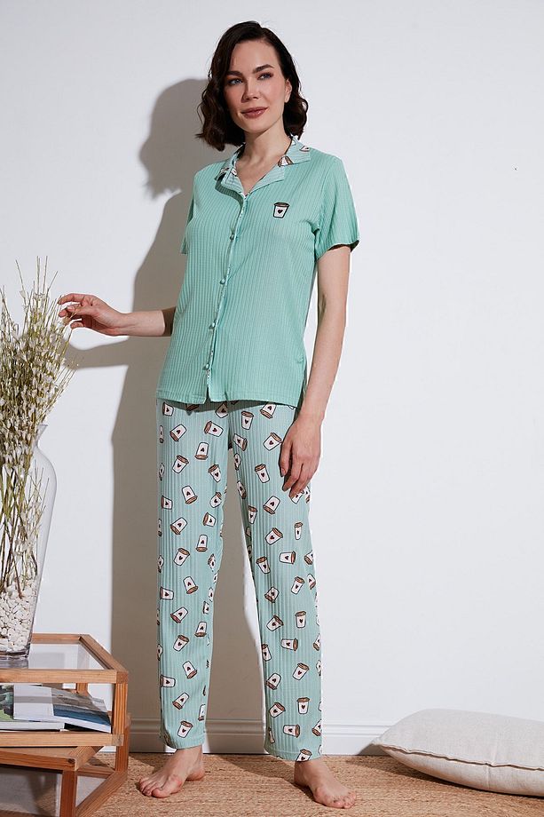 Regular Fit Gömlek Yaka Kısa Kollu Pijama Takımı Pijama Takımı 65740102 - 1