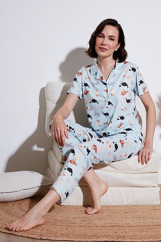 Desenli Kısa Kollu Beli Lastikli Gömlek Yaka Dokuma Regular Fit Pijama Takımı Pijama Takı - 7