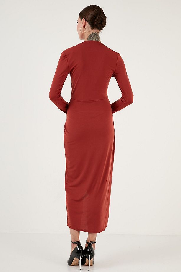 Kruvaze Yaka Yırtmaçlı Drape Detaylı Midi Elbise ELBİSE 611EL1769 - 5