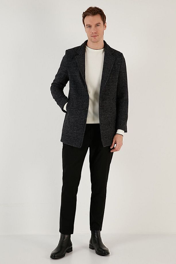 Slim Fit Tek Yırtmaçlı Düğmeli Astarlı Kaşe Kaban Erkek Kaban 5840110e - 4
