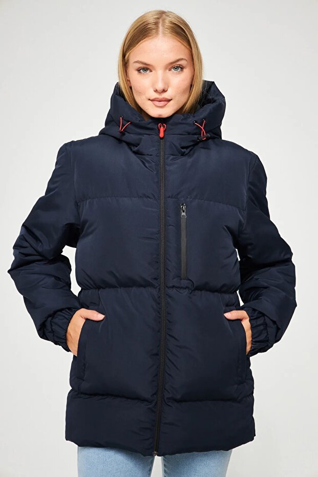 Women's Navy Fiber Hooded Windproof Puffer Winter Coat