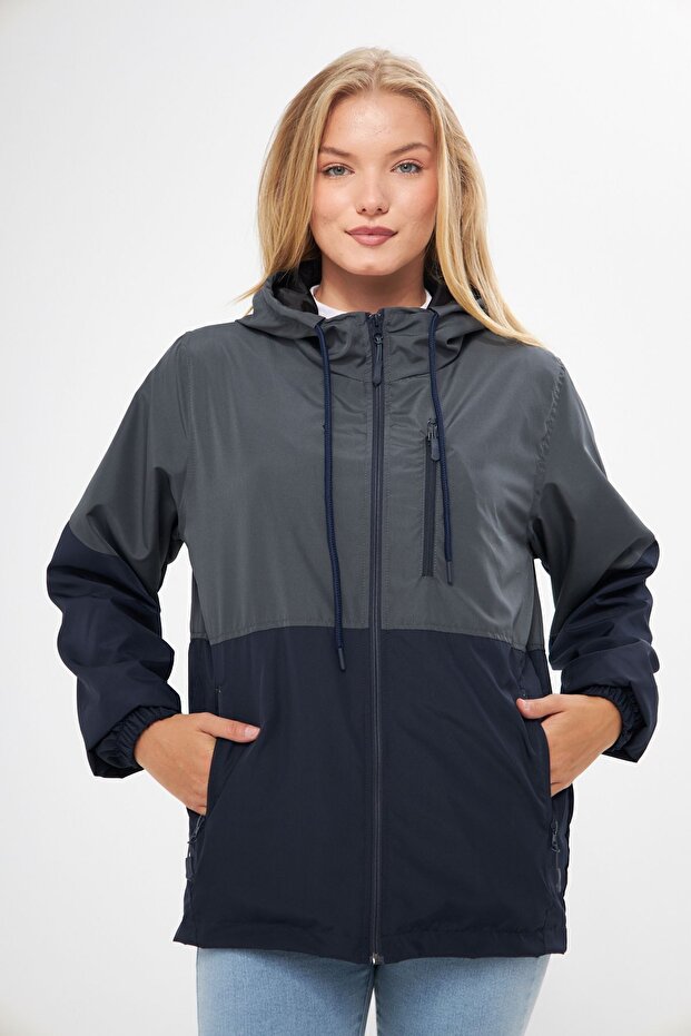 Women's Anthracite-Navy Blue Two Color Lined Windproof Hooded Raincoat with Pockets