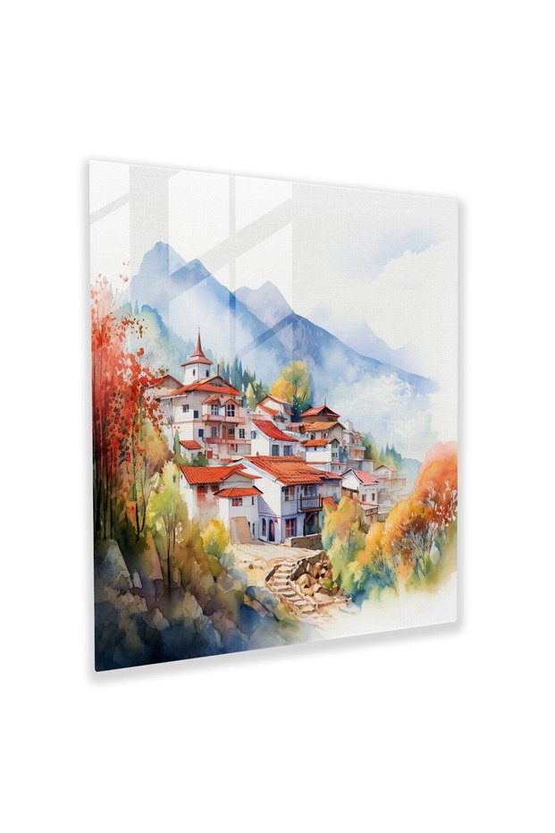 Village Watercolor Glass Painting - Village, Mountains, Glass Wall Art, Wall Decoration