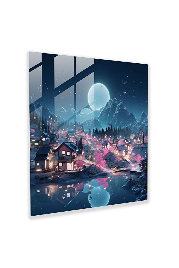 Futuristic Neon Village Glass Painting, Village, Neon Lights, Wall Decoration