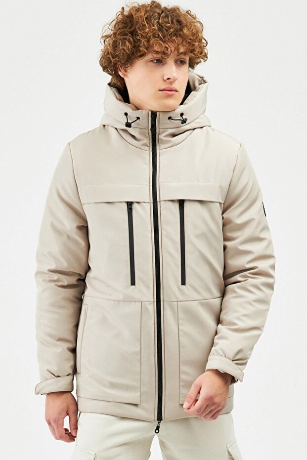 Men's Beige Fiber Water and Wind-Resistant Hooded Winter Coat & Parka