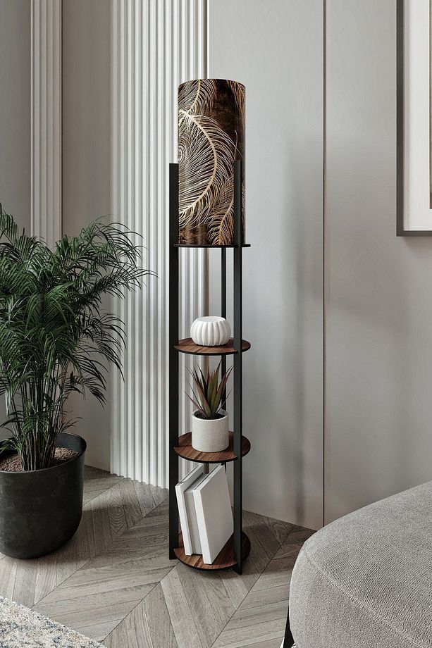 Dora Ahşap Yuvarlak Raflı Leaf Modern Dekoratif Lambader - 3