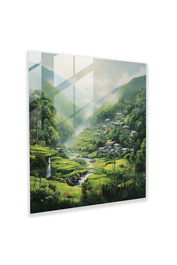 Secret Village Landscape Print, Village, Lush Green Hills, Serenity