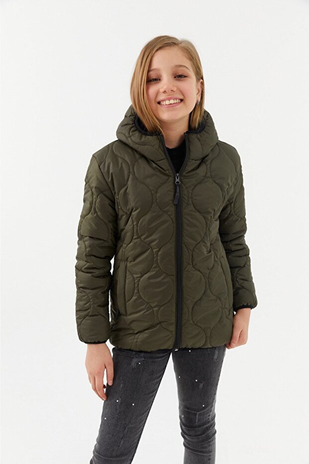 Girl's Onion Pattern Water and Windproof Fiber Khaki Hooded Coat