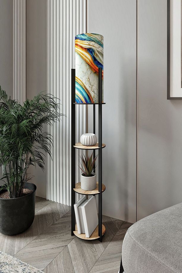 Dora Meşe Yuvarlak Raflı Rainbow Modern Dekoratif Lambader - 3