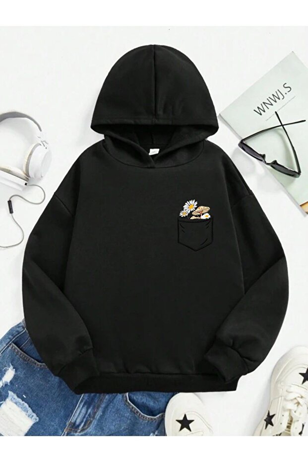 Pocket Floral Printed Hooded Sweatshirt Oversize Wide Fit