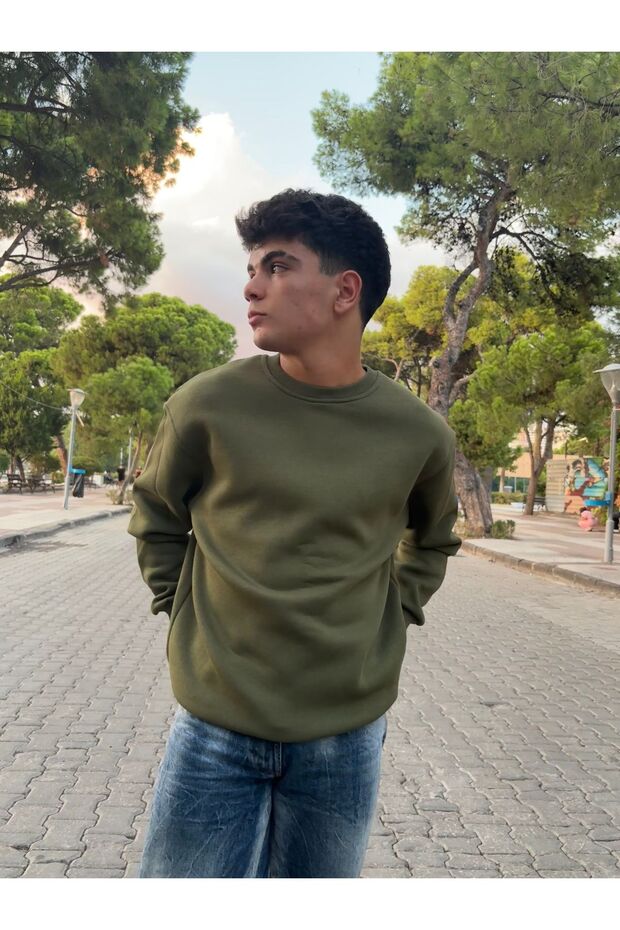 Haki Yeşil Düz Basic Oversize Sweatshirt - 1