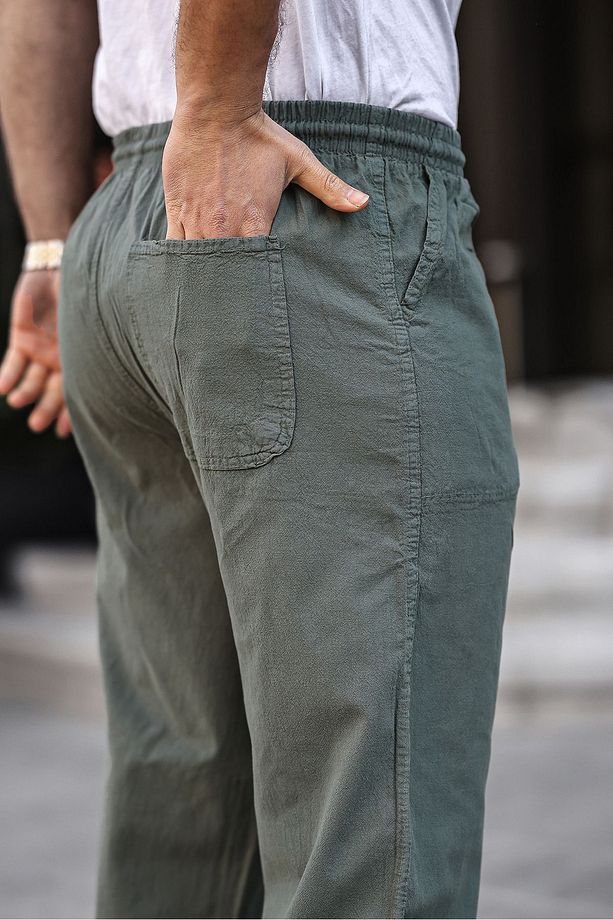 Haki Renk Erkek Yazlık Keten Karışımı Relaxed Pantolon - HAKİ - 3