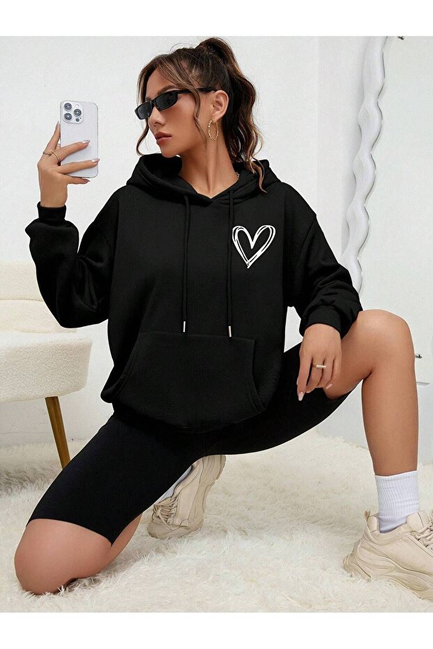 Women's Sweatshirt White Heart Printed Hodies 3-Thread Compact Fabric (Cotton Inside)