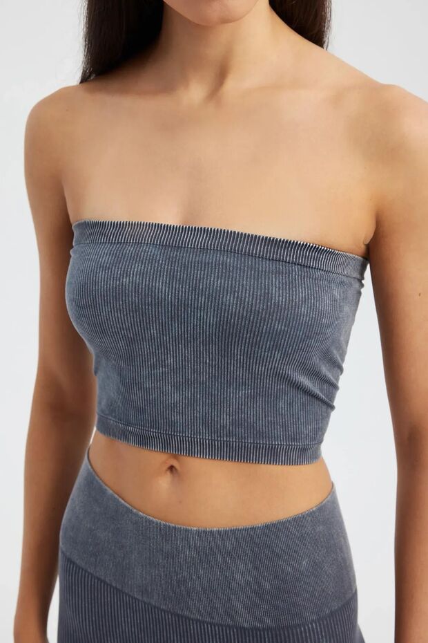 Asit Yıkama Straplez Fitilli Crop Top - 1