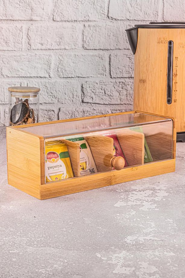 Bambu Çay Kutusu 4 Bölmeli Kapaklı Bitki Çayı Saklama Kabı - 1