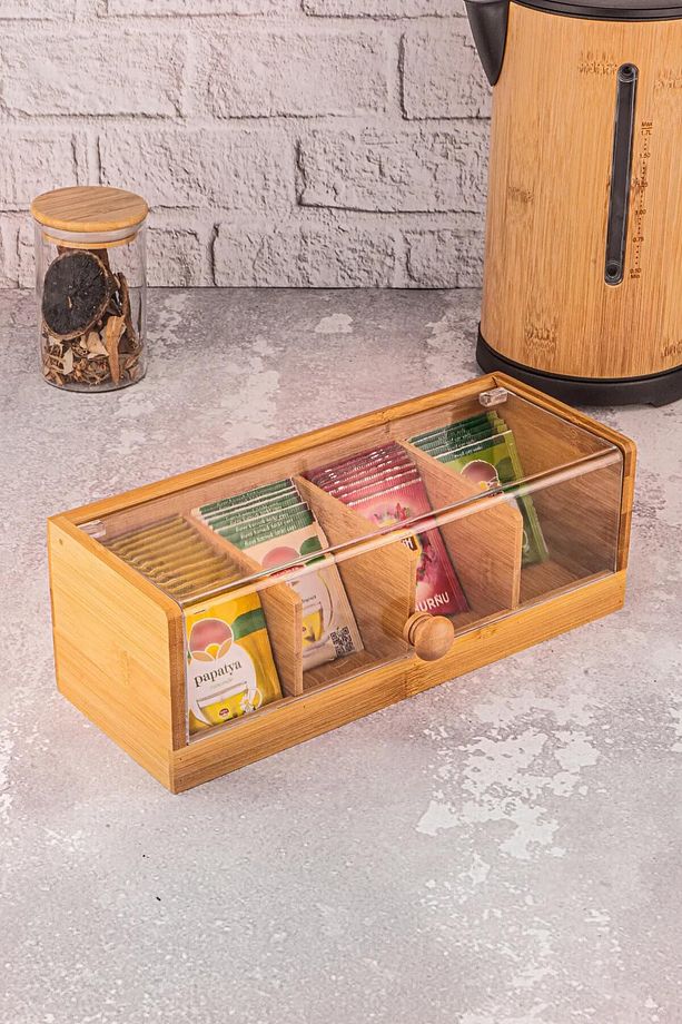 Bambu Çay Kutusu 4 Bölmeli Kapaklı Bitki Çayı Saklama Kabı - 3