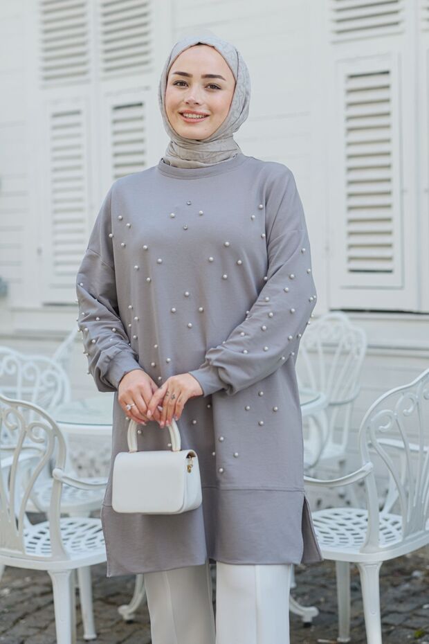 تونيك رمادي - مزين بالخرز - 1