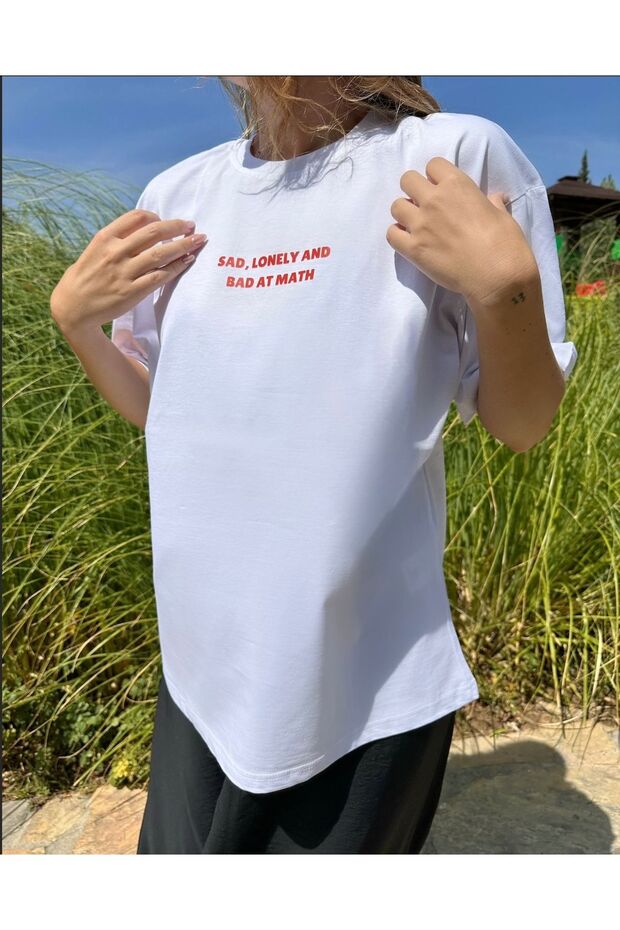Sad, Lonely and Bad at Math Crew Neck 100% Cotton Comfortable Fit Short Sleeve Basic White T-Shirt