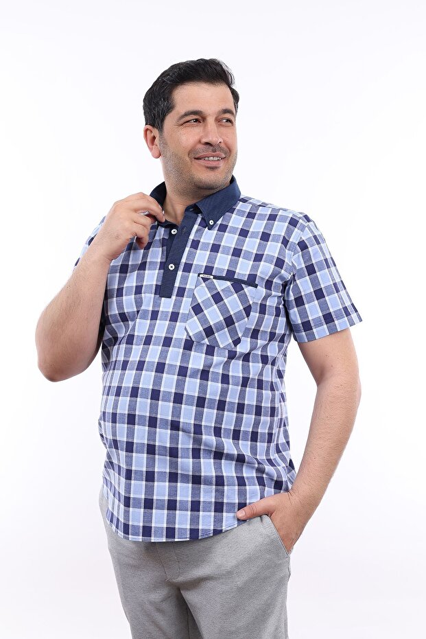 Men's Large Size Half Placket Navy-Blue Plaid Lycra Buttoned Collar Short Sleeve Shirt KK-8040-TSS