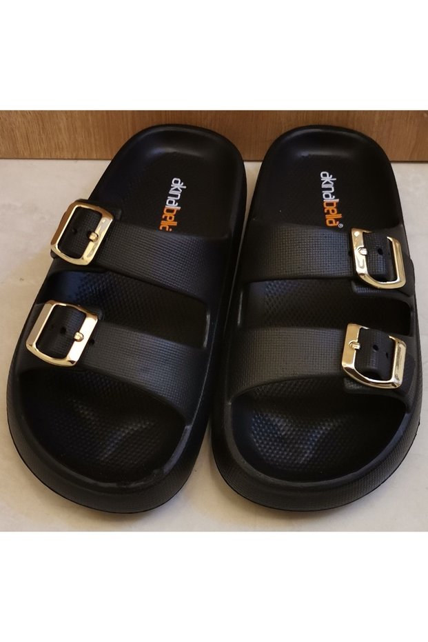 Akınal Bella Double Buckle Black Slippers Daily Orthopedic Women