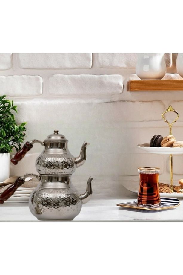 Bakır Büyük Boy Dövmeli Çaydanlık Seti - 2