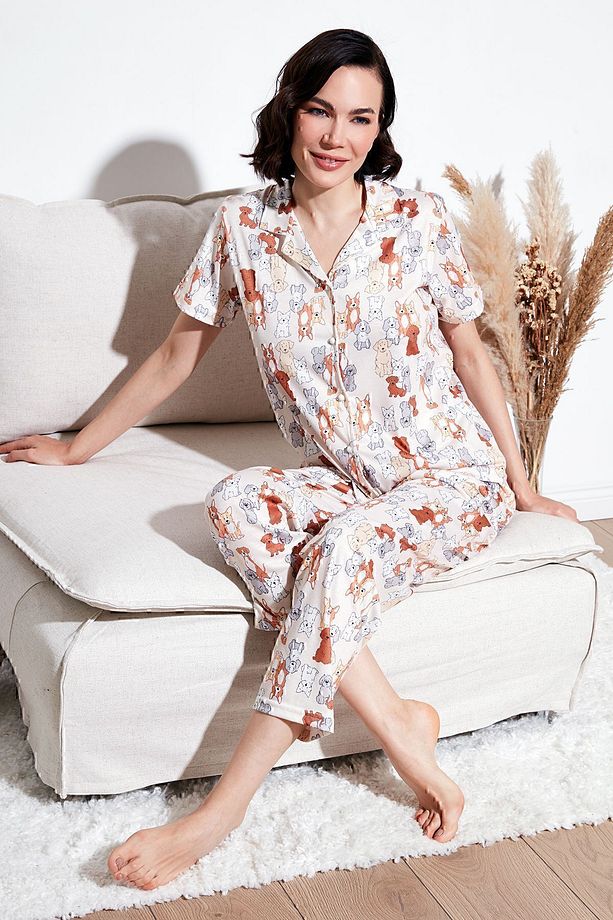 Desenli Kısa Kollu Beli Lastikli Gömlek Yaka Dokuma Regular Fit Pijama Takımı Pijama Takı - 1