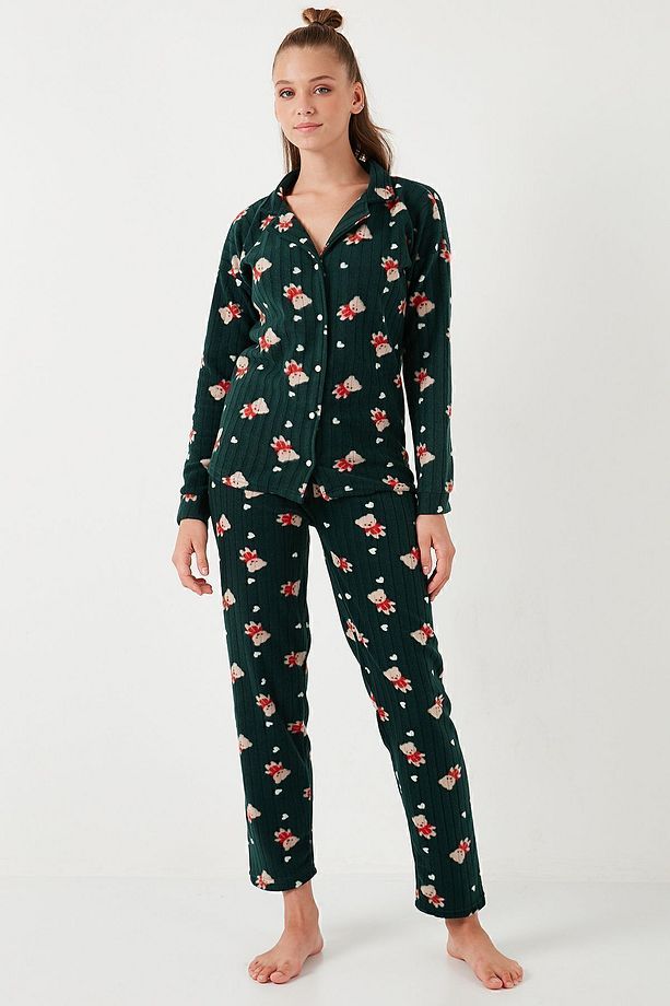 Standart Fit Düğmeli Polarlı Pijama Takımı  PİJAMA TAKIMI 6095615 - 2