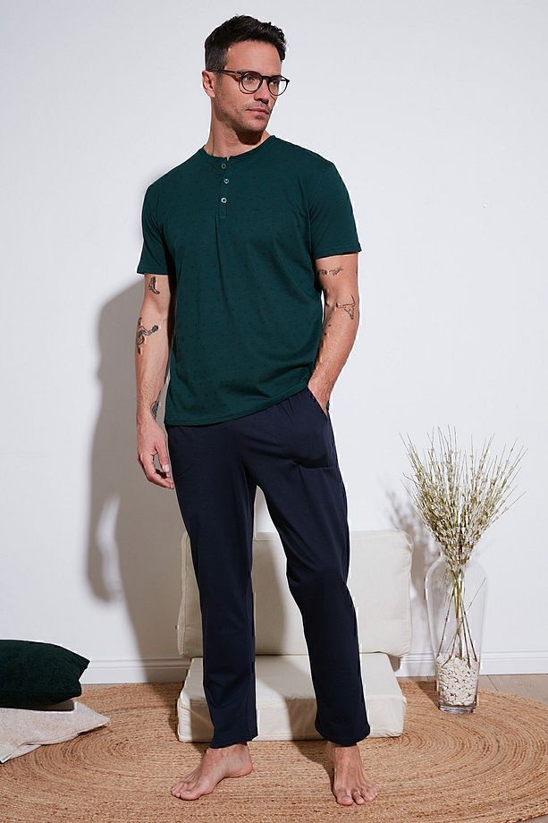 Pamuklu Beli Lastikli Regular Fit Kısa Kollu Pijama Takımı Erkek PİJAMA TAKIMI 6572009 - 1